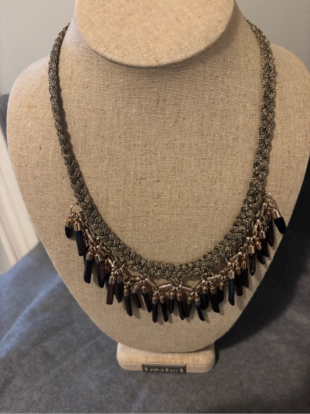 Stella & Dot Gold-Tone Braided Necklace with Black Spike Fringe Beads